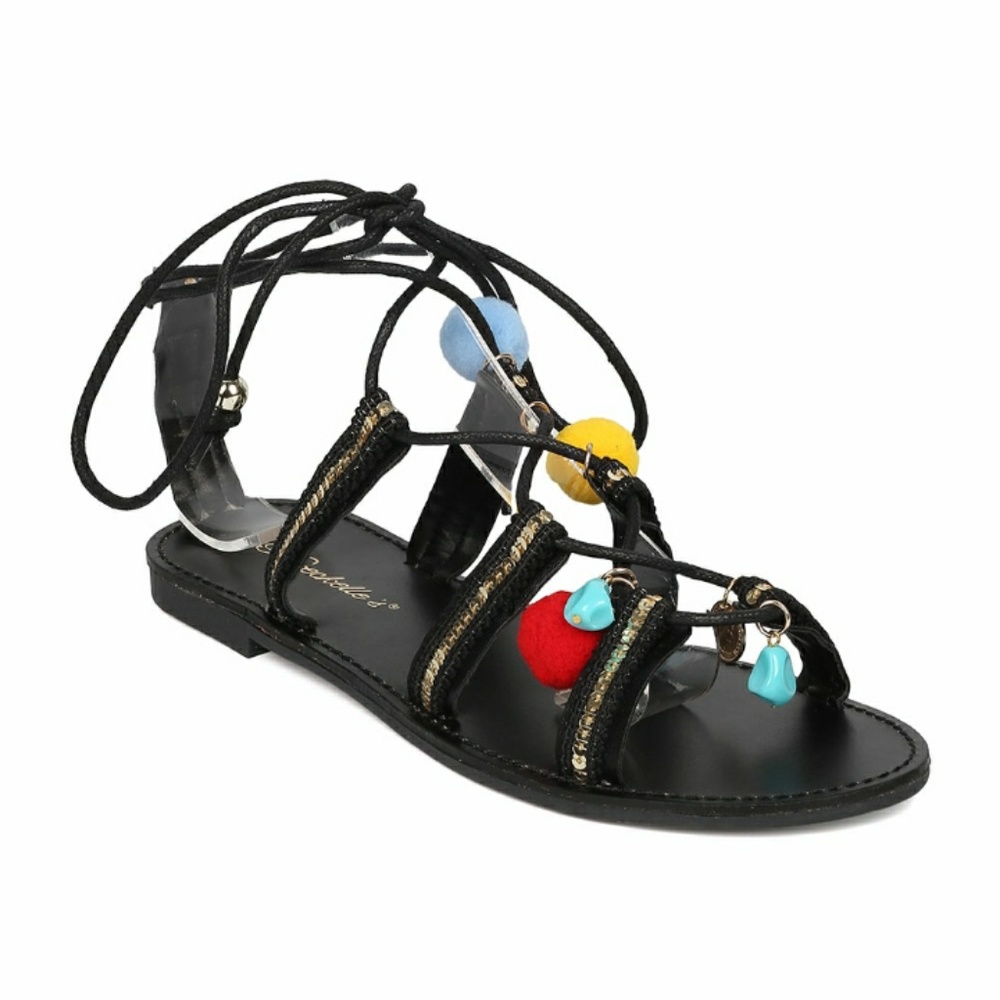 NWT black strappy lace up pom pom sandals